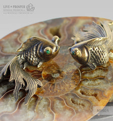 Bronze goldfish couple figures with demantoids inserts with ammonite