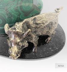 Bronze wild boar with malachite on a plate of dolerite Бронзовый кабан с малахитом на пластине из долерита 