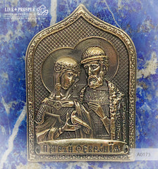 Bronze overlay of the icon figures of Peter and Fevronia with lapis lazuli on a dolerite plate Бронзовая накладка иконки Петра и Февронии с лазуритом на пластине из долерита подарок на день всех влюбленных подарок любимой любовь gift store  Love gift 