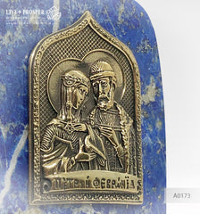 Bronze overlay of the icon figures of Peter and Fevronia with lapis lazuli on a dolerite plate Бронзовая накладка иконки Петра и Февронии с лазуритом на пластине из долерита подарок на день всех влюбленных подарок любимой любовь gift store  Love gift 