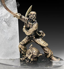 Bronze Samurai with the quartz obelisk on a dolerite plate and color led illumination system  Бронзовый Самурай и обелиск из кварца на пластине из долерита с цветной подсветкой Mineral Premium Gift store Подарок руководителю подарок на 23 февраля 